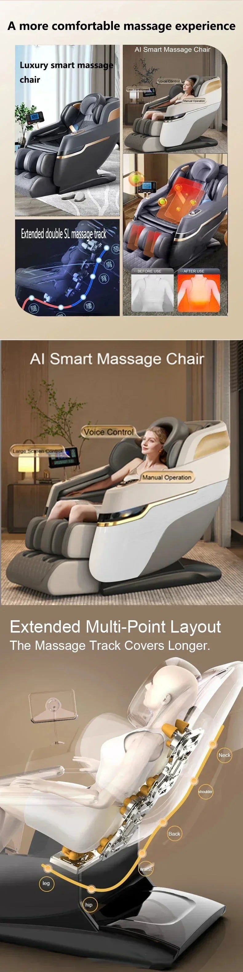 4D SL Track Massage Chair with Zero Gravity, Full Body Airbags, Touch Screen & 3-Year Warranty – Black/White