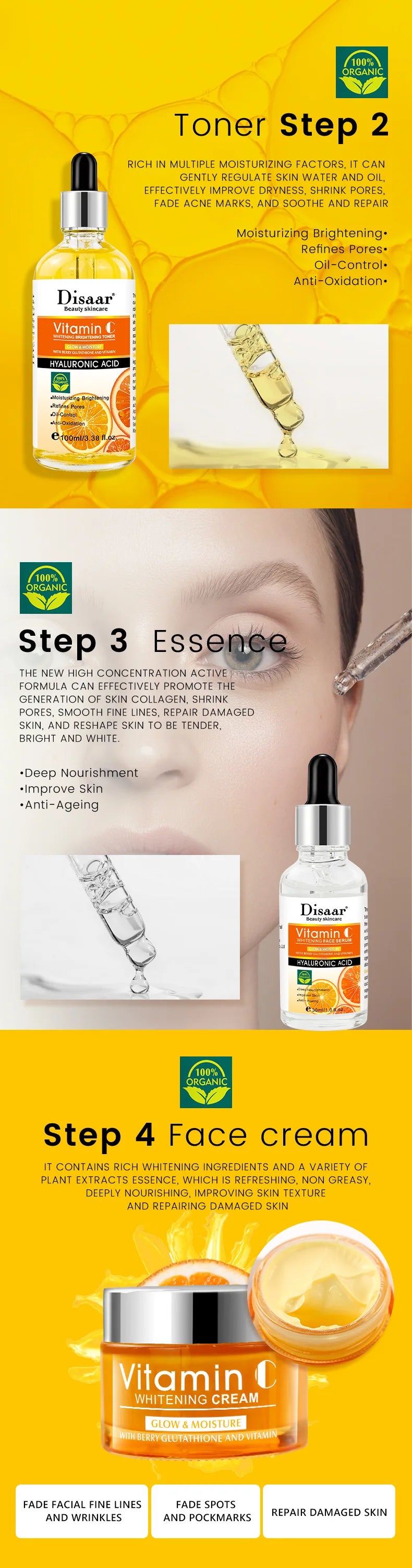 DissarVC Skincare 5-Piece Set Brightens Skin Tone Whitens Refreshes Balances Water Oil Lightens Spots  Facial products kit
